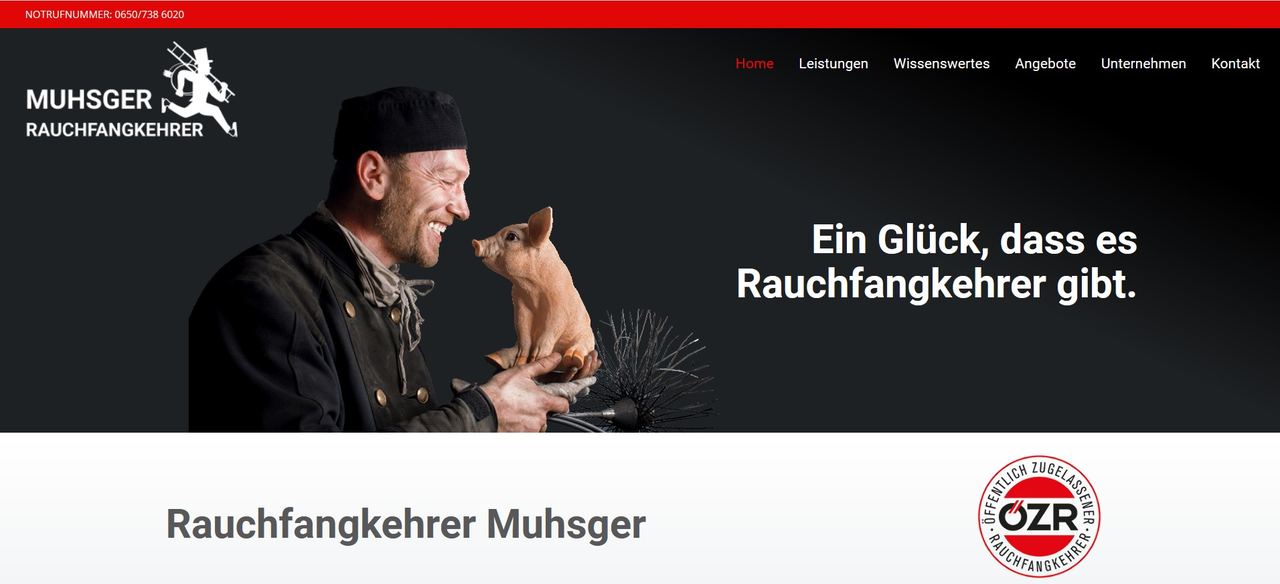 Startseite der Website Rauchfangkehrer Muhsger, gestaltet von EXIMIE